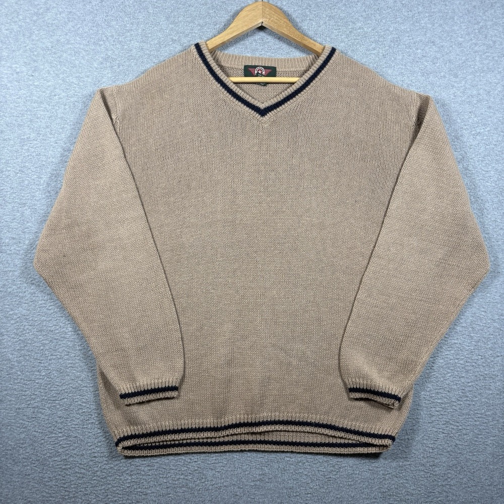 ⁠Vintage 90s American Outpost Sweater Mens Large Tan Beige V-Neck Ramie Cotton